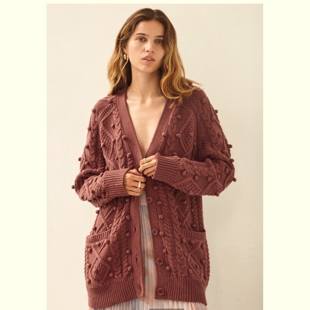 Wilfred Aritzia Alps Oversized Cardigan Brown Wool Chunky Cable Knit Sweater XS